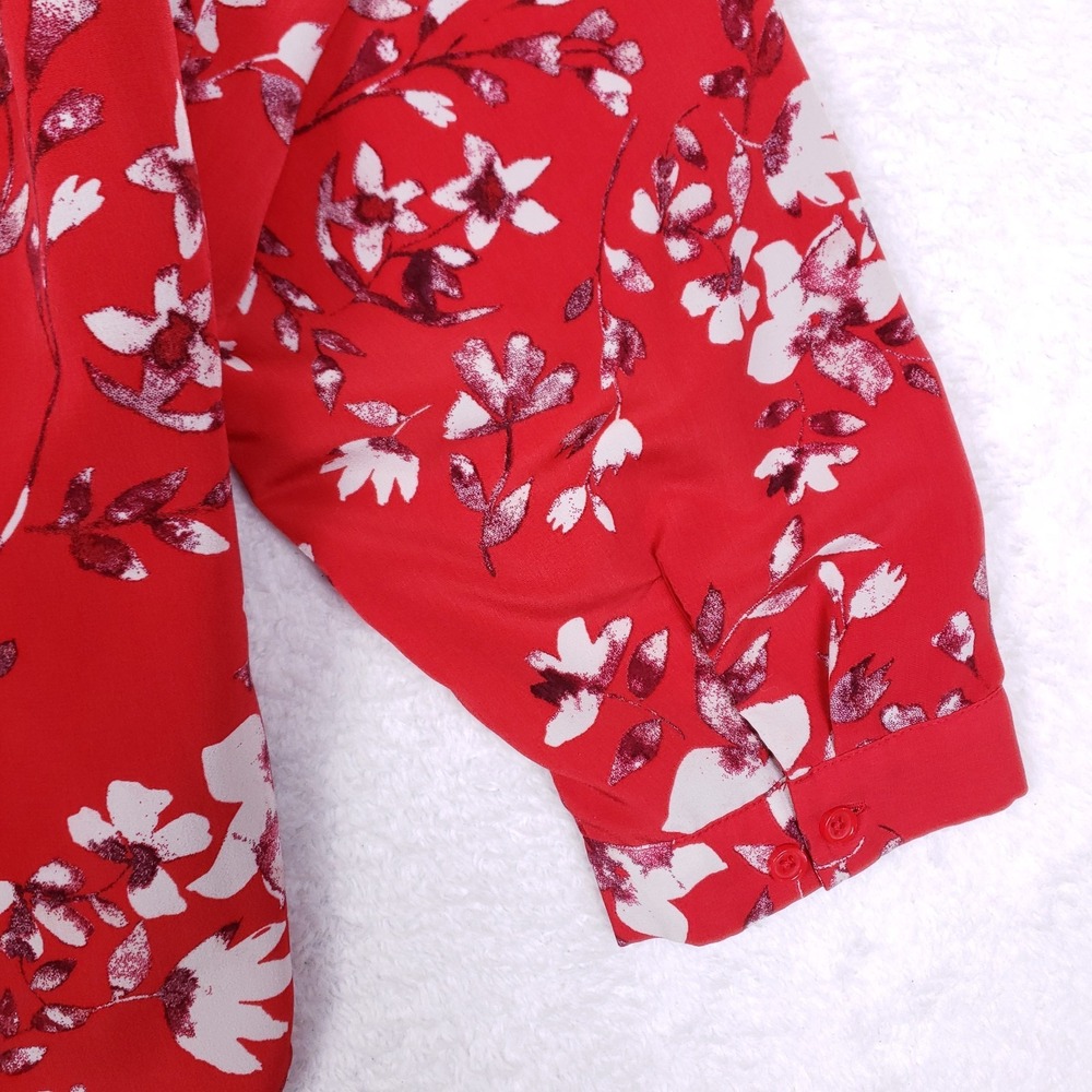 Ava & Viv Red Floral Split Neck Blouse 1X Long Sleeve Plus Size Lightweight - Picture 7 of 10